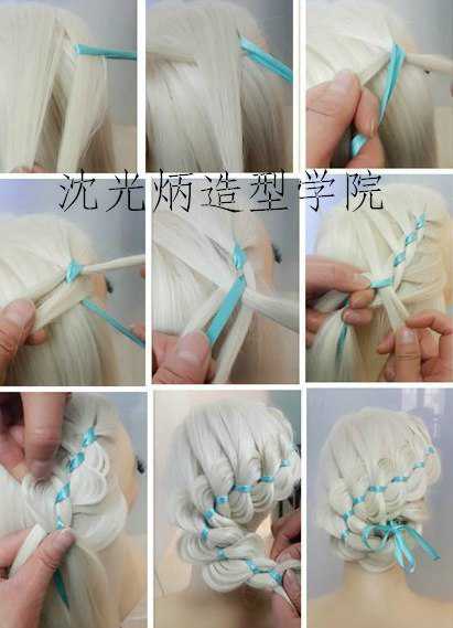 Теперь разделите волосы на три или четыре части, присоедините ленточку к одной из них и плетите задуманную косу
